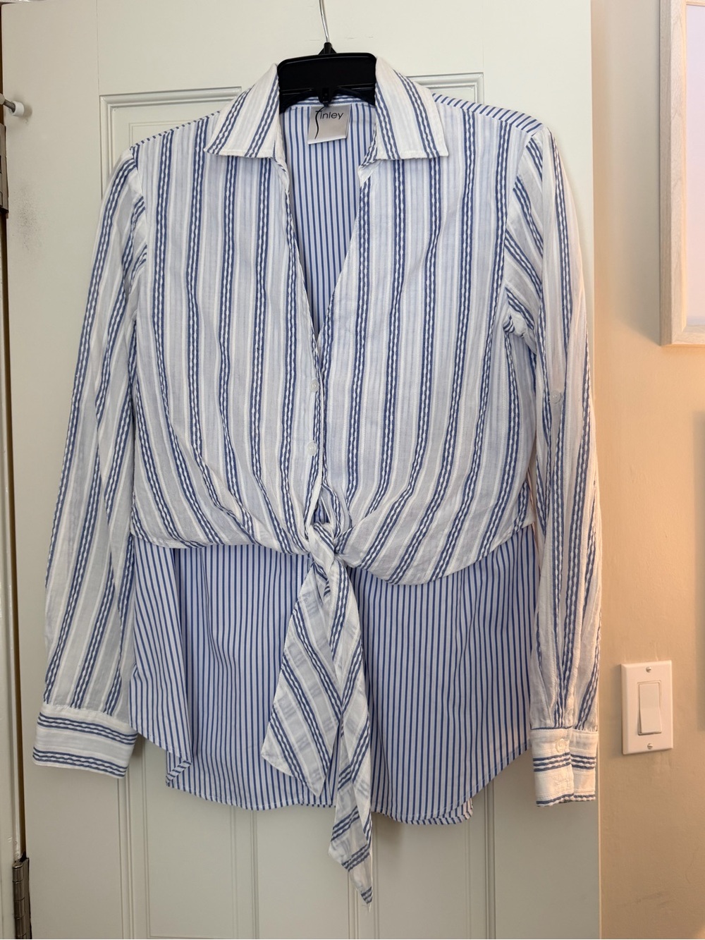 Finley Blue and White Striped Button-Front Tie-Waist Blouse size small
